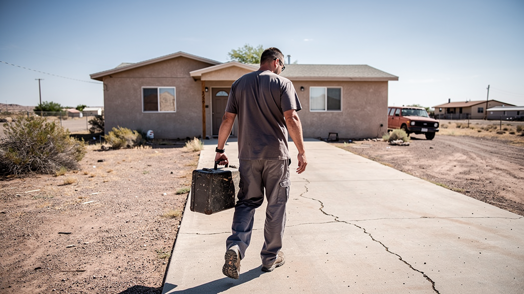 Locksmith carrying a compact tool case toward a home in a rural desert community