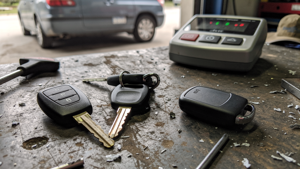 Several types of replacement car keys and a programming tool on an automotive locksmith workbench