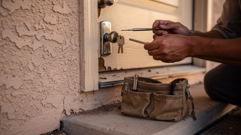 Residential deadbolt and careful locksmith entry tools at a Las Cruces home