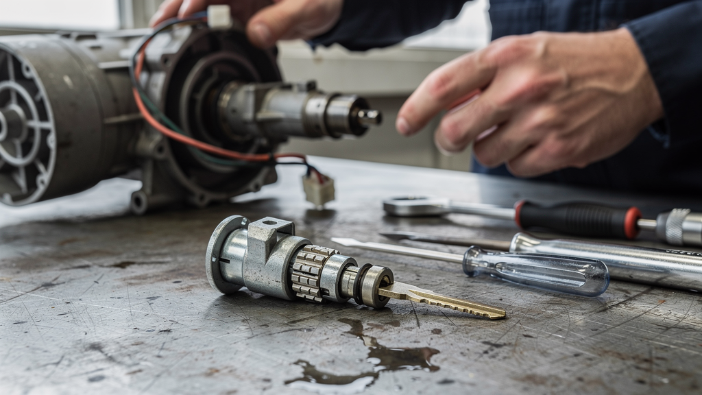 Automotive ignition lock cylinder, replacement key, and careful repair tools on a work surface