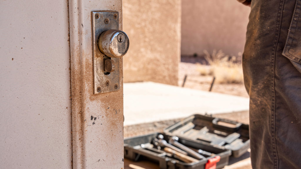 Sunlit exterior door lock with visible dust and a locksmith tool case nearby