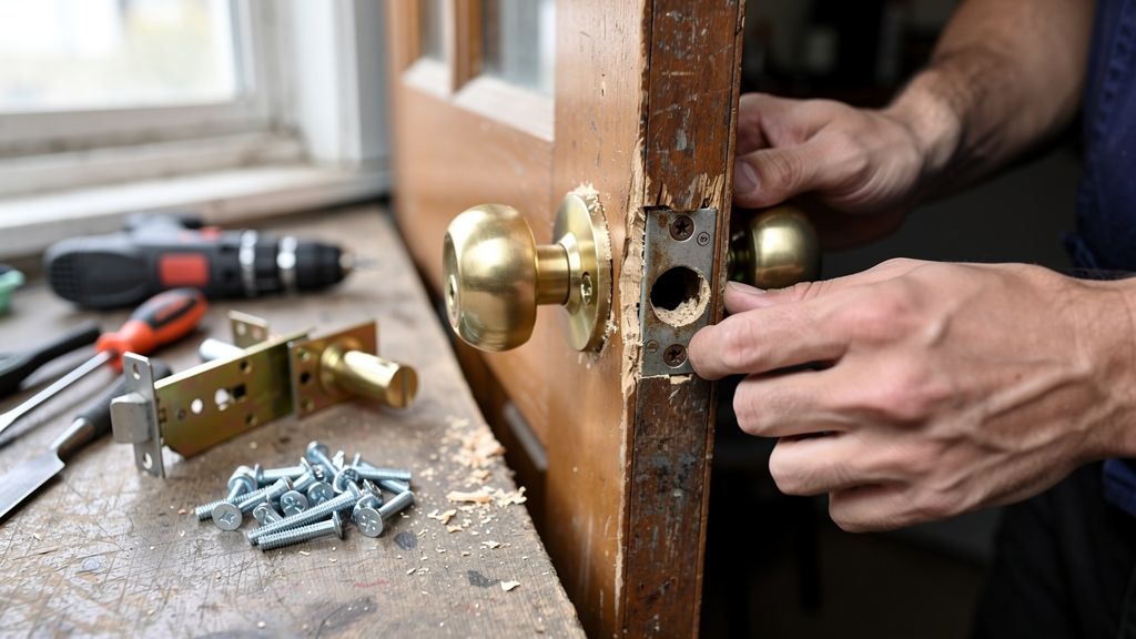 New residential deadbolt, latch, strike plate, and installation tools beside an exterior door