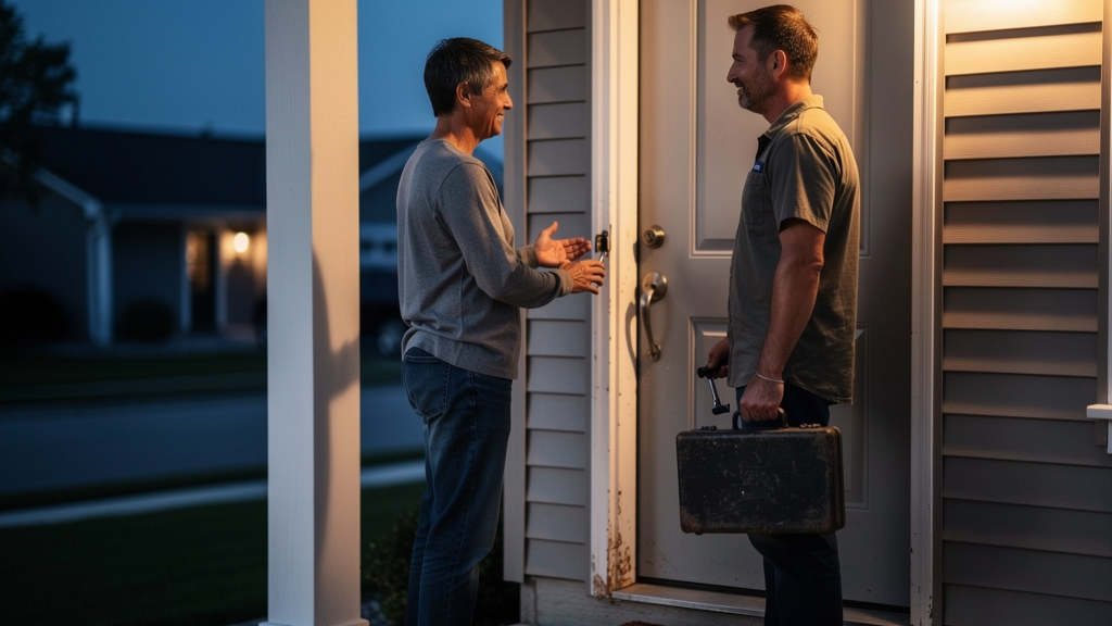 Customer speaking with a locksmith beside a residential entry door at dusk