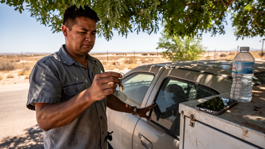 Driver checking a key ring beside a parked vehicle in the Las Cruces heat