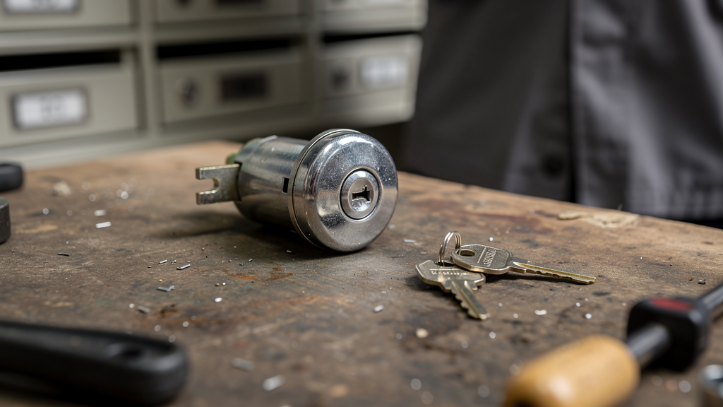 Mailbox lock and small replacement keys on a locksmith work surface