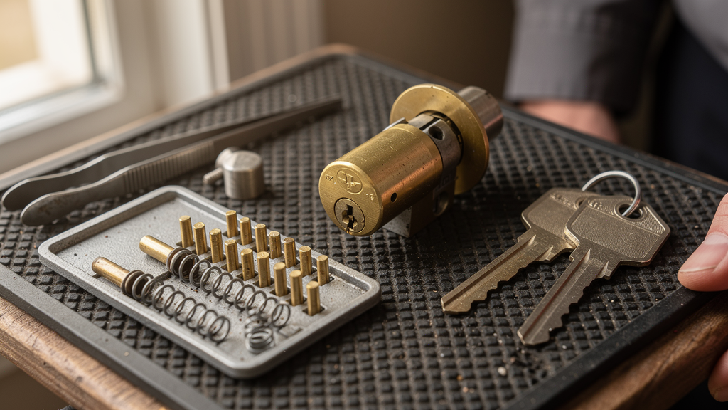 Residential lock cylinders, pins, new keys, and rekeying tools arranged on a work mat