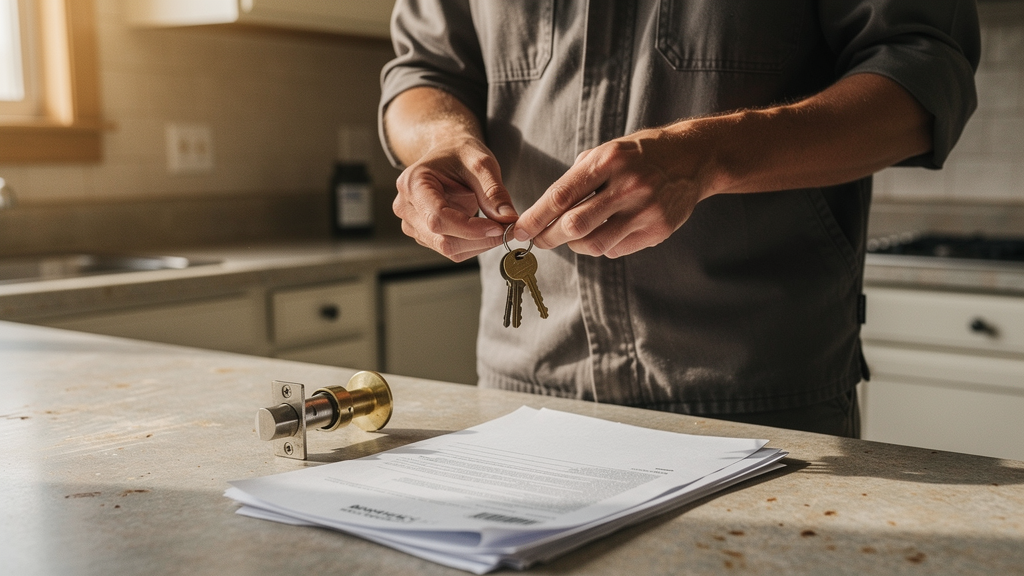 New homeowner reviewing house keys beside a residential deadbolt