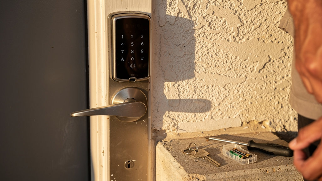 Keypad smart lock on a rental property entry door in warm desert light