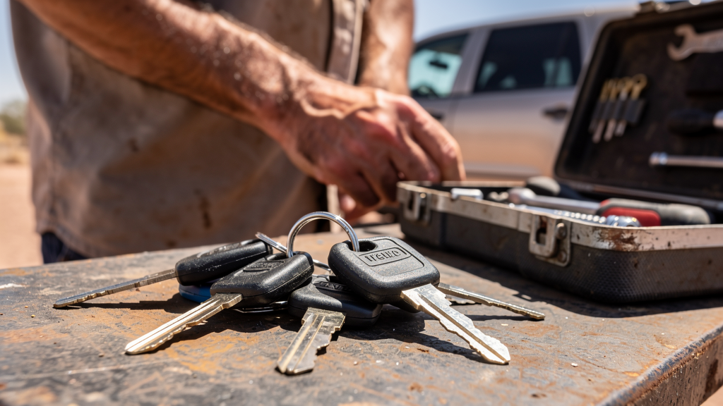 Cut automotive keys and locksmith tools beside a parked vehicle