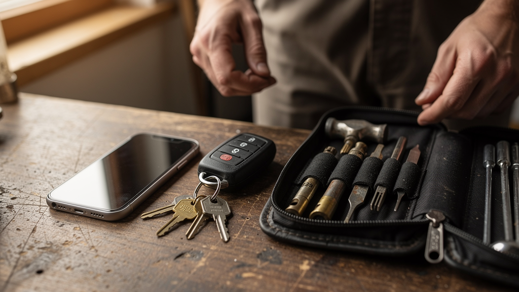 Locksmith phone, keys, and compact tool case ready for a service call