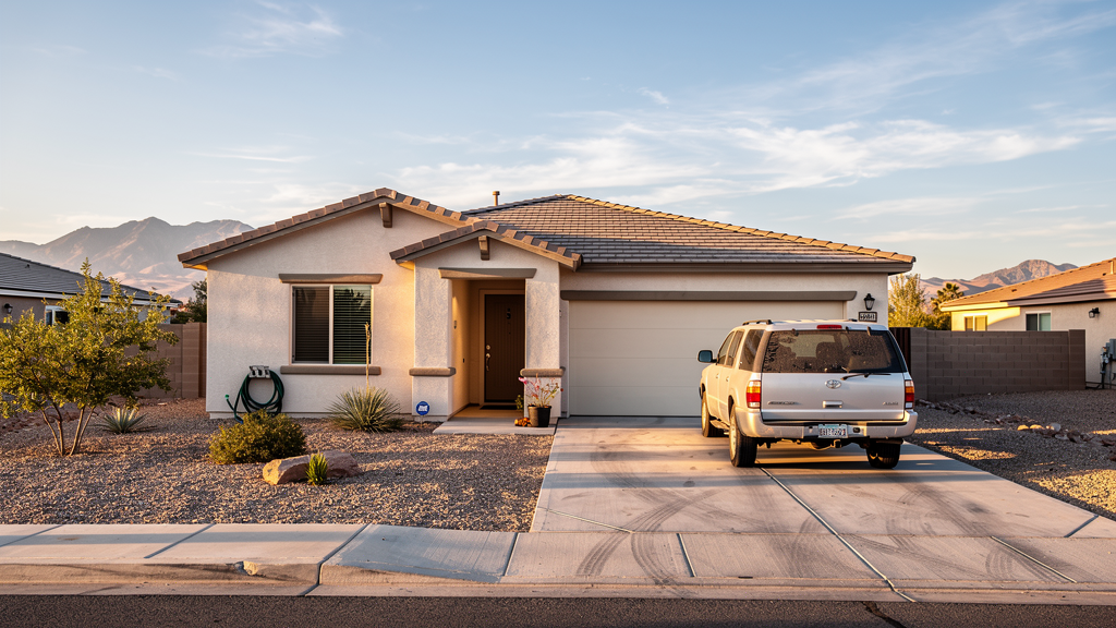 Newer East Mesa home with a front entry and parked vehicle in the desert light