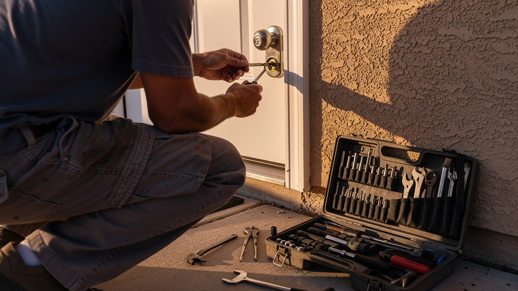 Locksmith using hand tools to open a residential door without damaging the lock