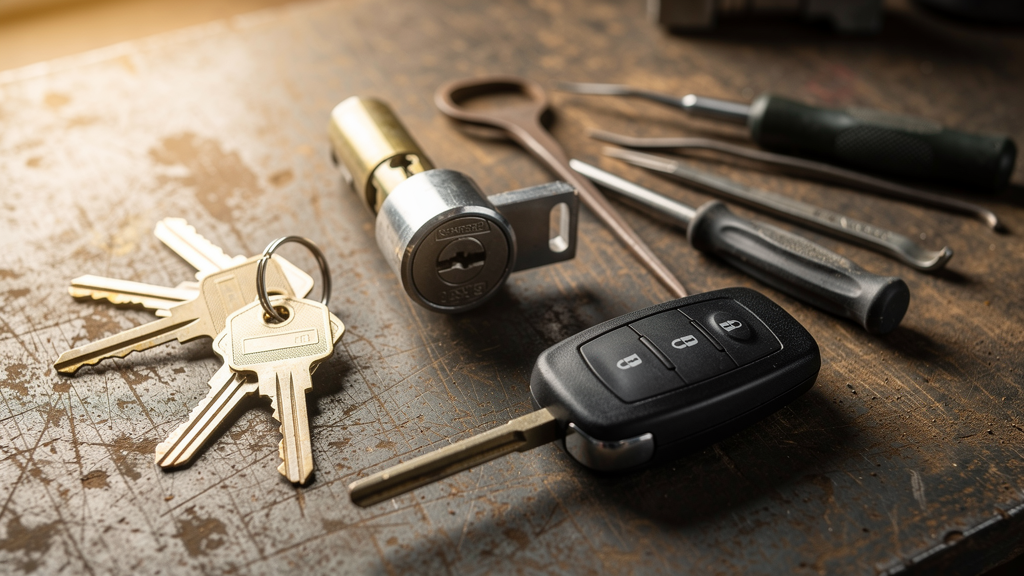 Keys, deadbolt, and locksmith tools arranged on a work surface
