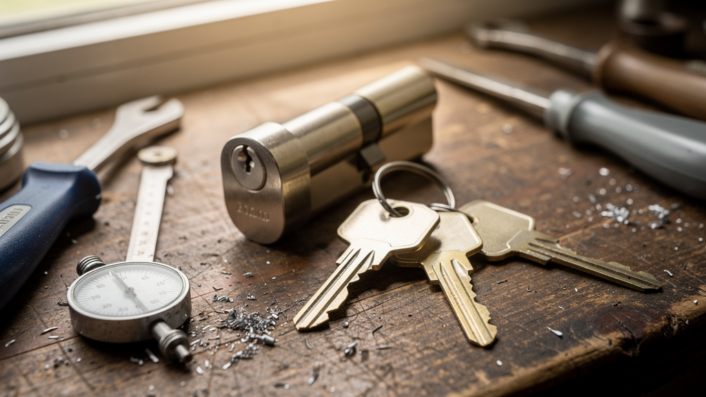 Freshly cut house keys and a residential lock on a locksmith workbench