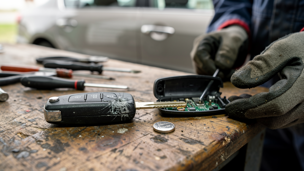 Car key fob with replacement housing and locksmith tools on a work surface