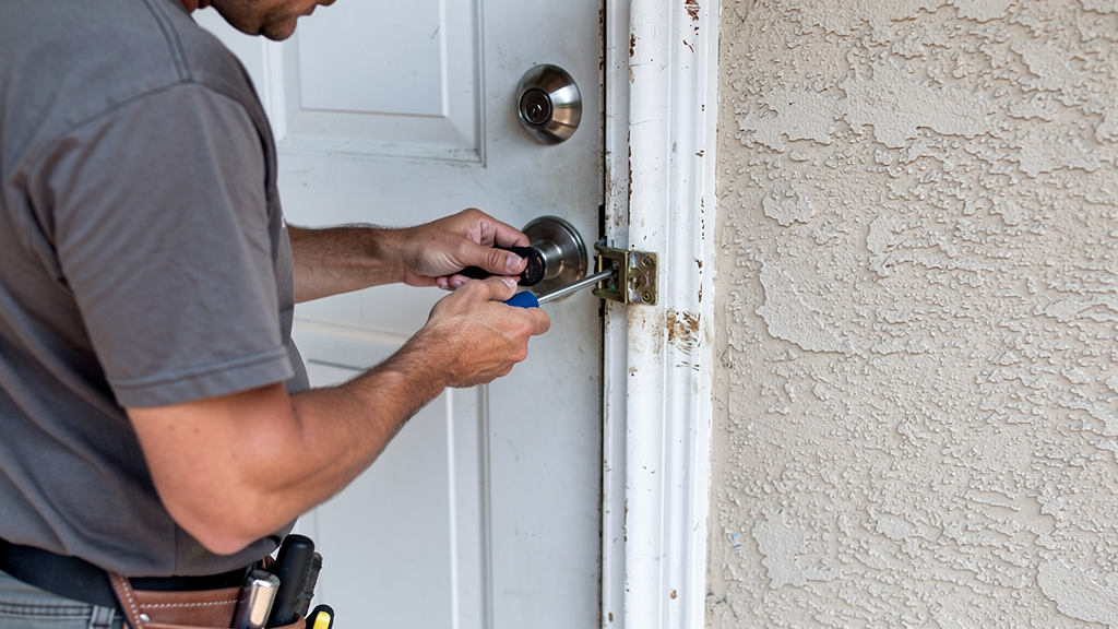 Locksmith inspecting a residential door latch and strike plate