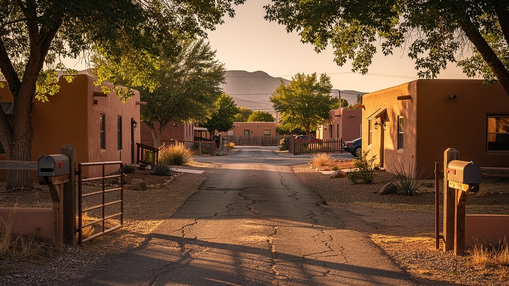 Residential street and adobe-style homes in the Mesilla area near Las Cruces