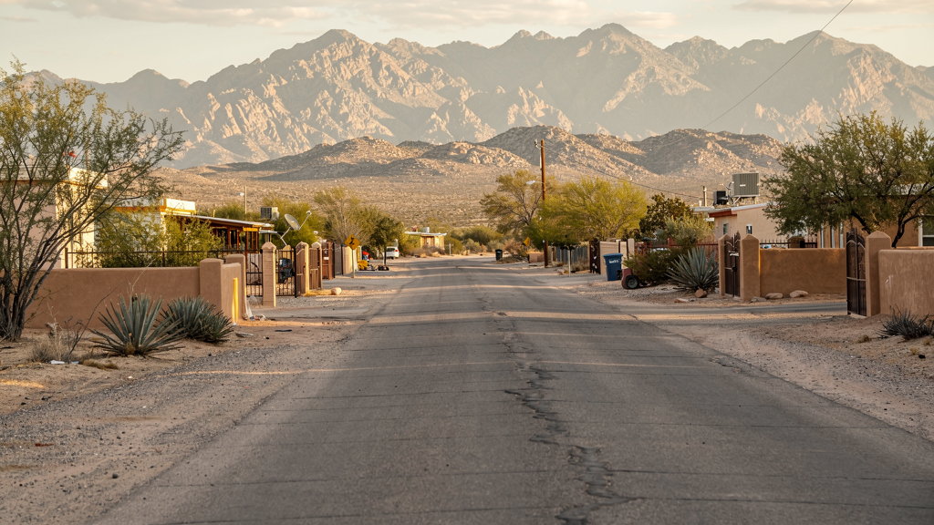 Desert foothill neighborhood road near Organ, New Mexico