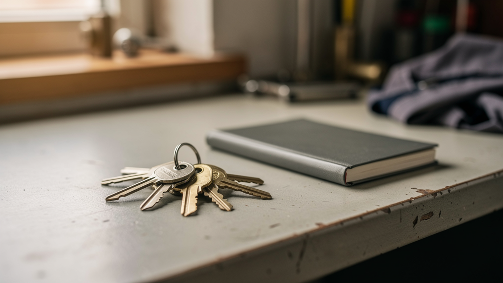 Locksmith keys and notebook on a clean work surface