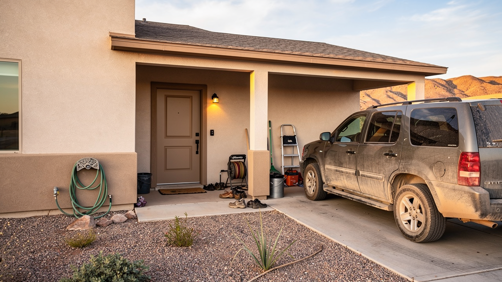 Modern suburban home entry in the Santa Teresa area of southern New Mexico