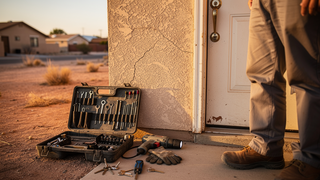Locksmith tools staged beside a residential entry door in a desert neighborhood