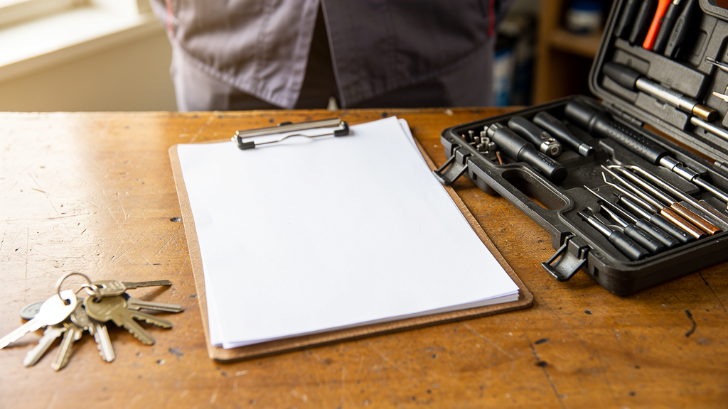 Locksmith clipboard and keys prepared for a service appointment