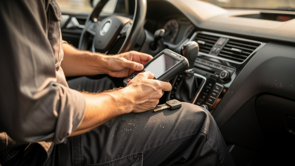 Automotive key programmer and transponder key beside a vehicle interior